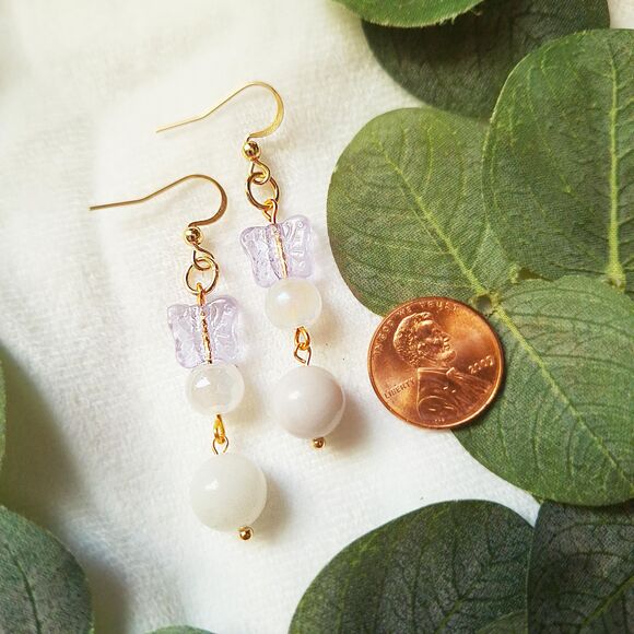 Fairycore Butterfly Glass & White Chalcedony Drop Earrings – 24k Gold Plated - Picture 3 of 9